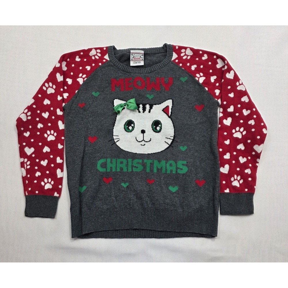 Well Worn Holiday Sweater Girl's Meowy Christmas Long Sleeve Sweater. Size 10-12